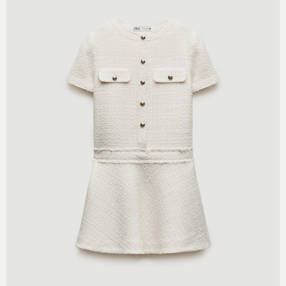 Zara ZW Collection Short Tweed Textured Dress Ecru /Size M /New